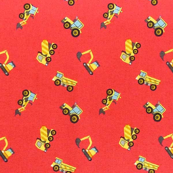 LEWIS-AND-IRENE-SMALL-THINGS-ON-THE-MOVE-SM11-2 RED BACKGROUND CONSTRUCTION TRUCK FABRIC
